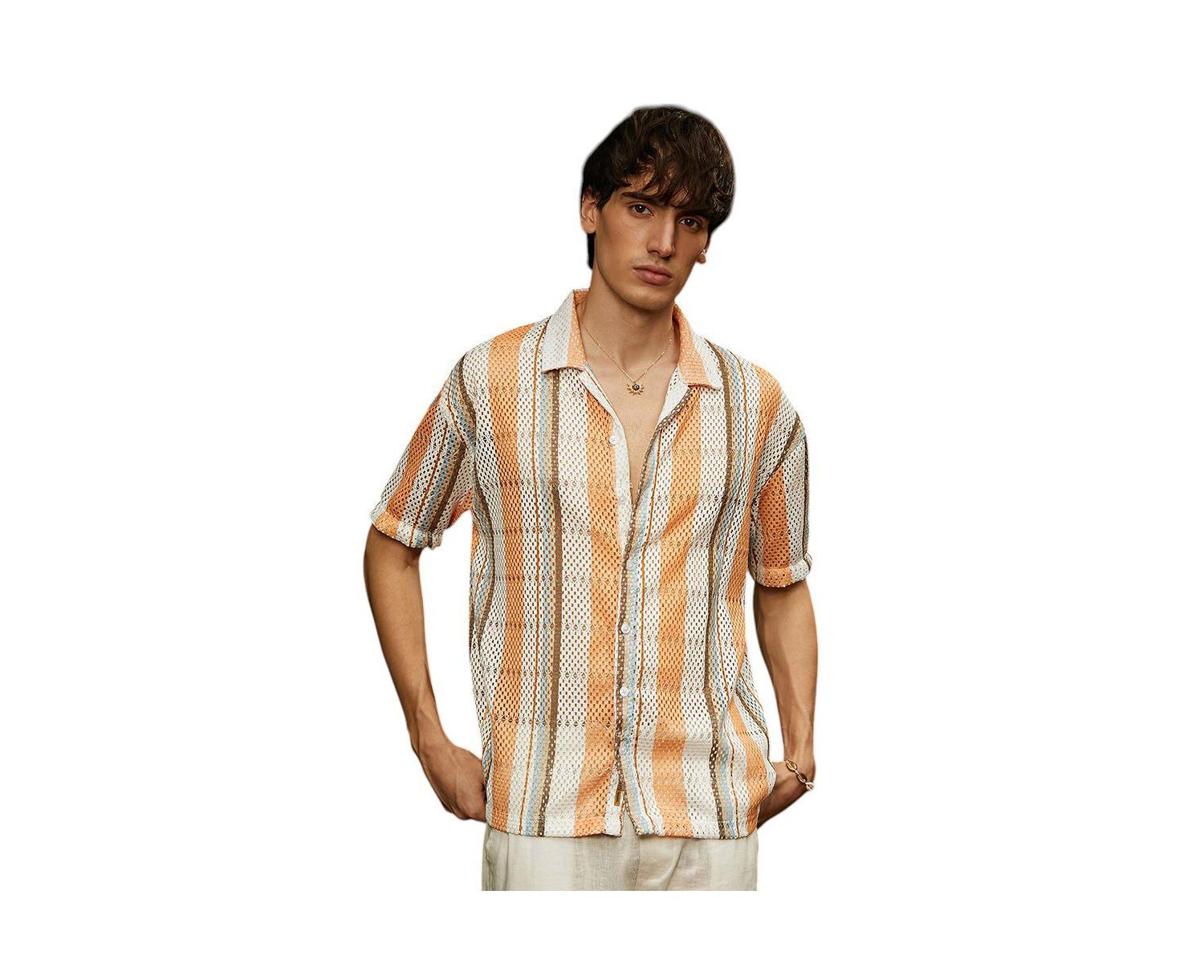 Men's Coral Orange & Saltbox Beige Multitrack Knit Oversized Shirt