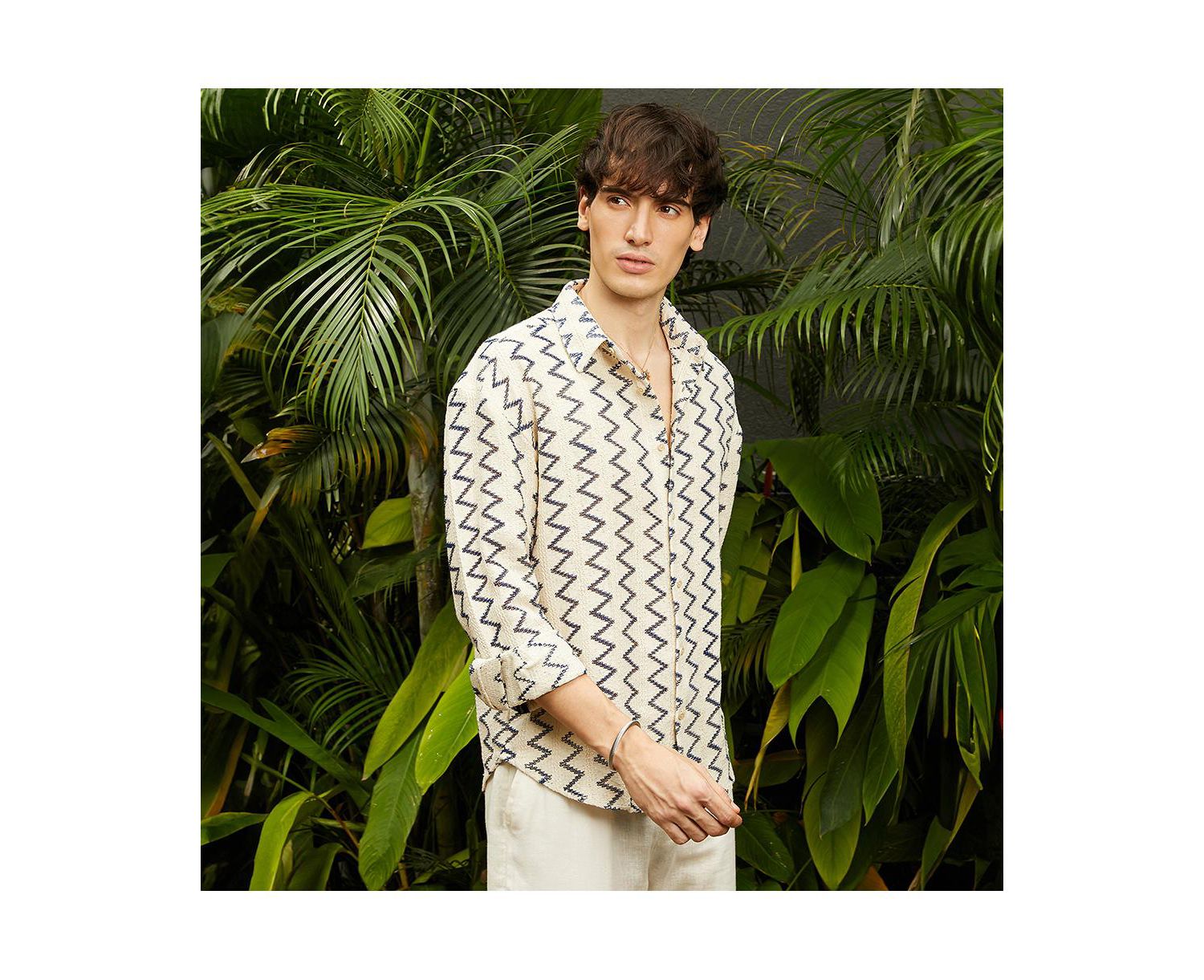 Men's Cream White Zig-Zag Knit Shirt