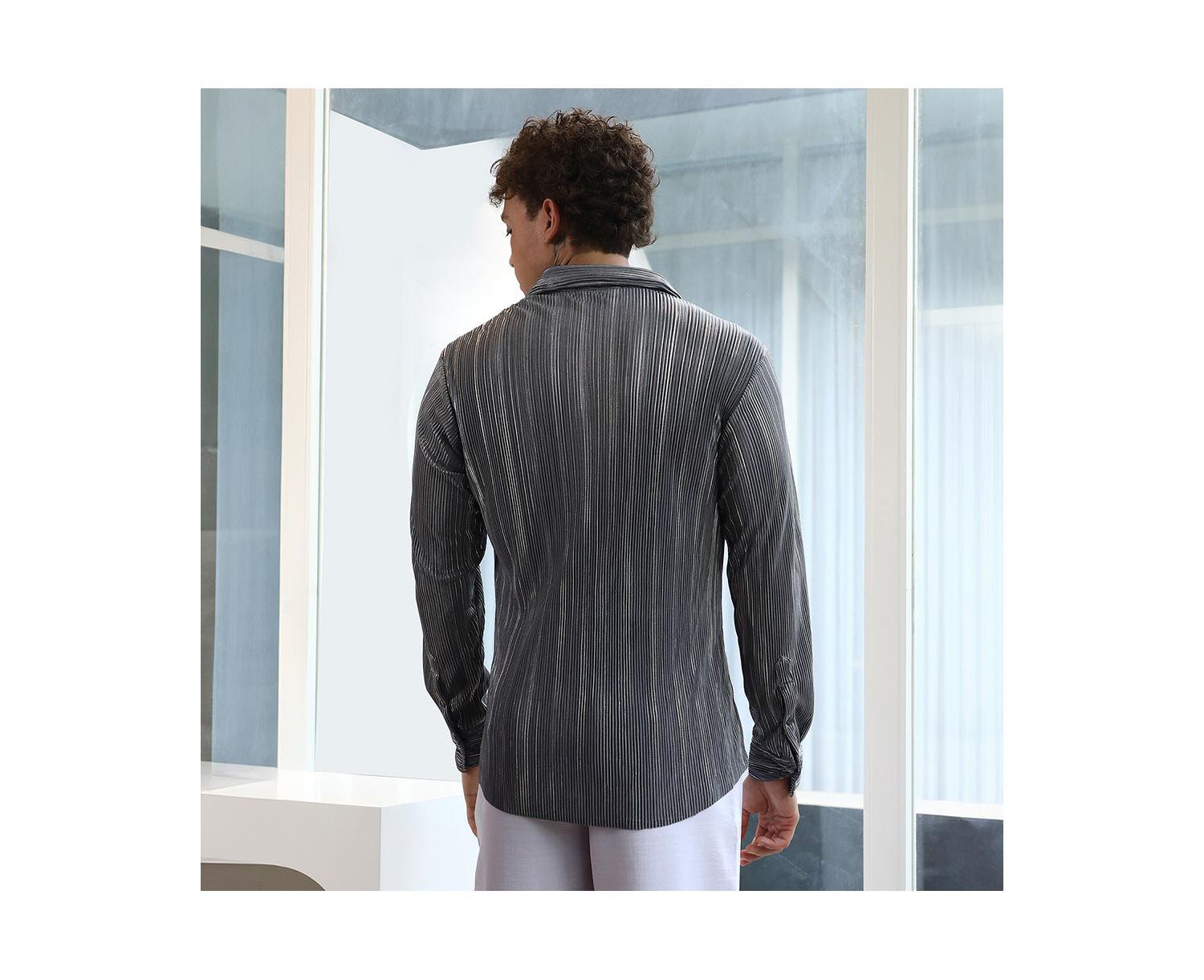 Men's Icy Blue & Metallic Silver Pleat-Creased Shirt