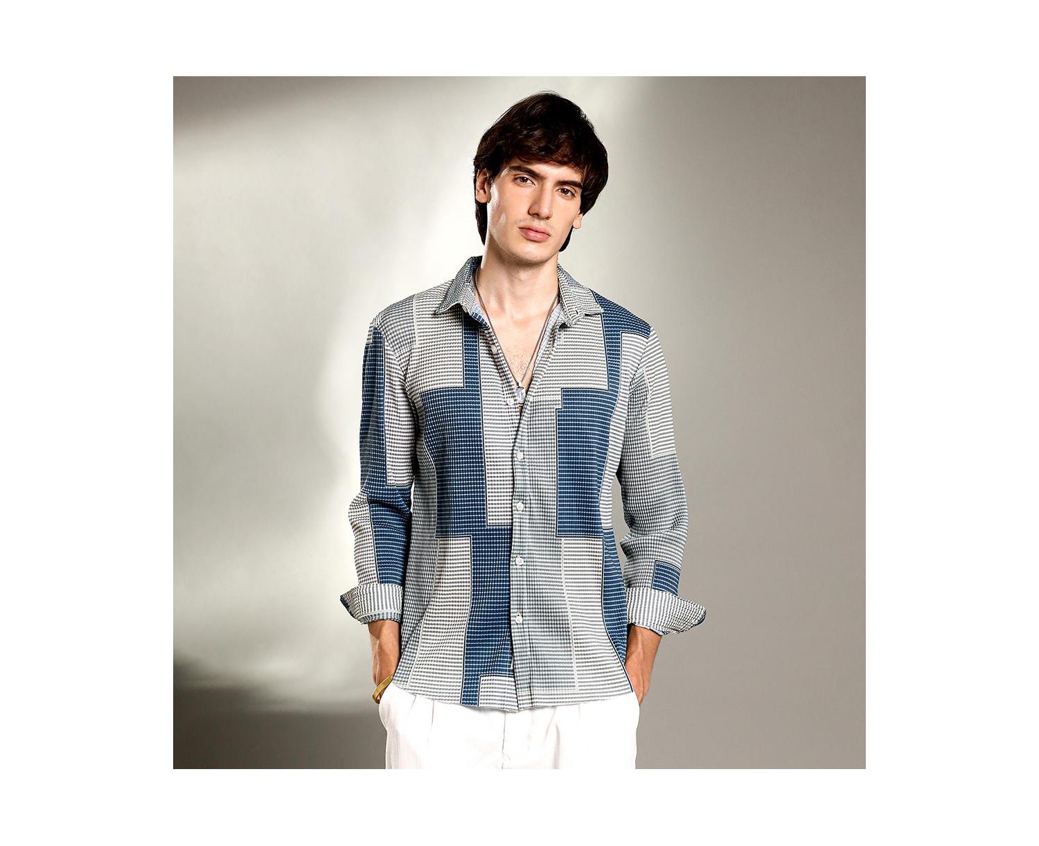 Men's Cloud Grey & Lapis Blue Retro-Pleat Shirt