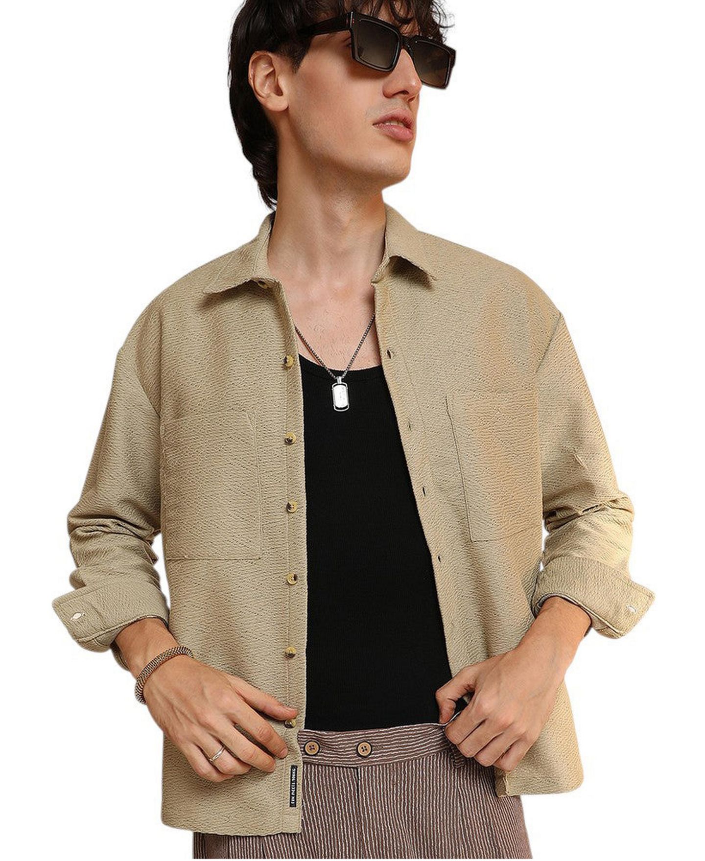 Мужская рубашка Cahoot Campus Sutra Buff Beige Chevron-Woven Utility, цвет: Бежевый — фото 1