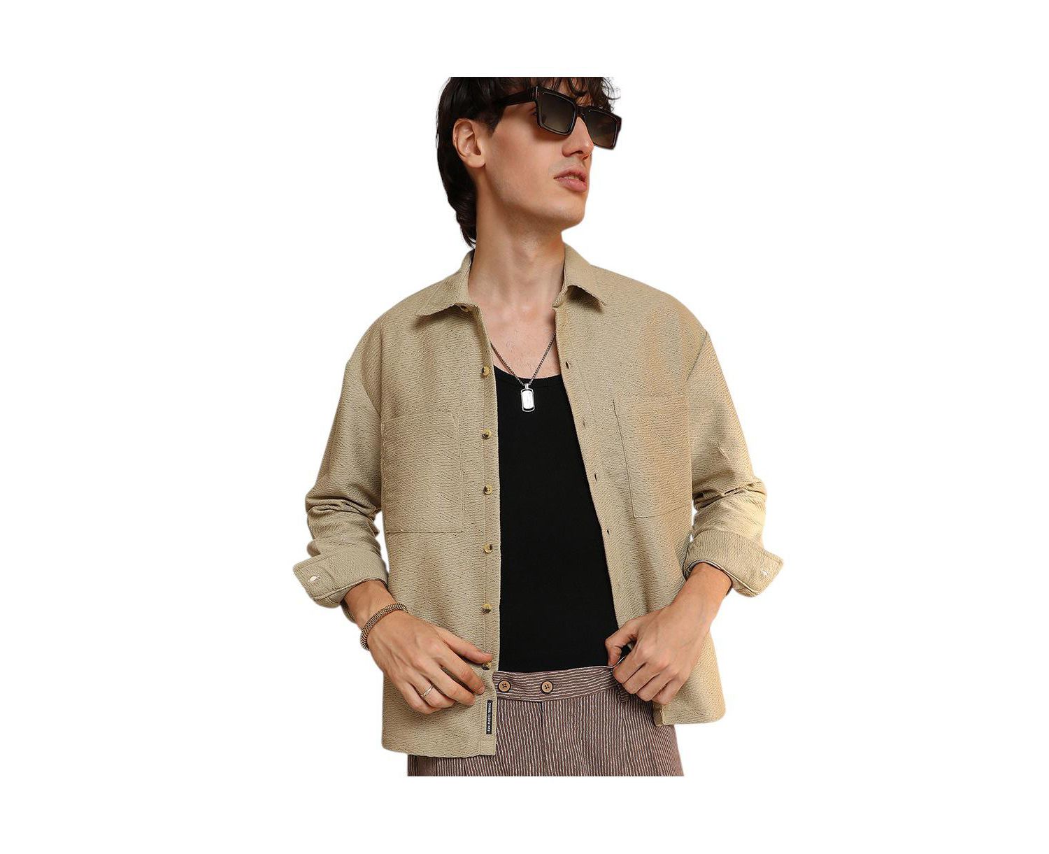 Men's Buff Beige Chevron-Woven Utility Shirt