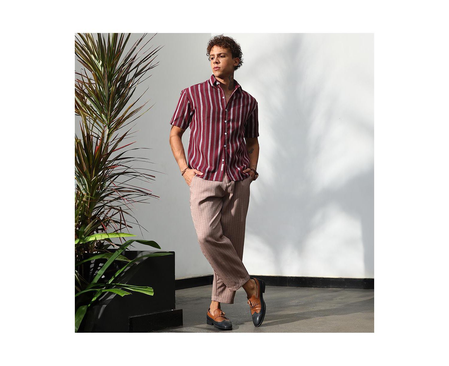 Men's Maroon Red Pencil Striped Shirt
