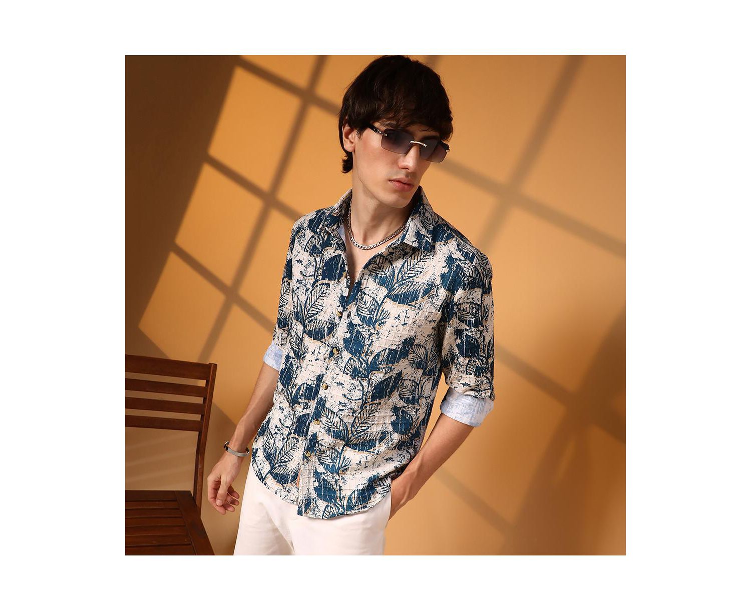 Men's Ivory White & Indigo Blue Foliage-Waffle Shirt
