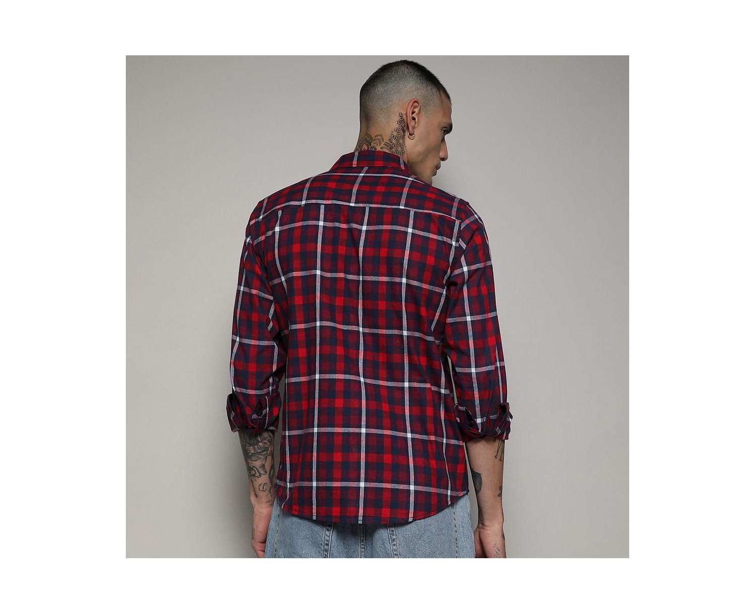 Men's Navy Blue & Red Tartan Plaid Shirt