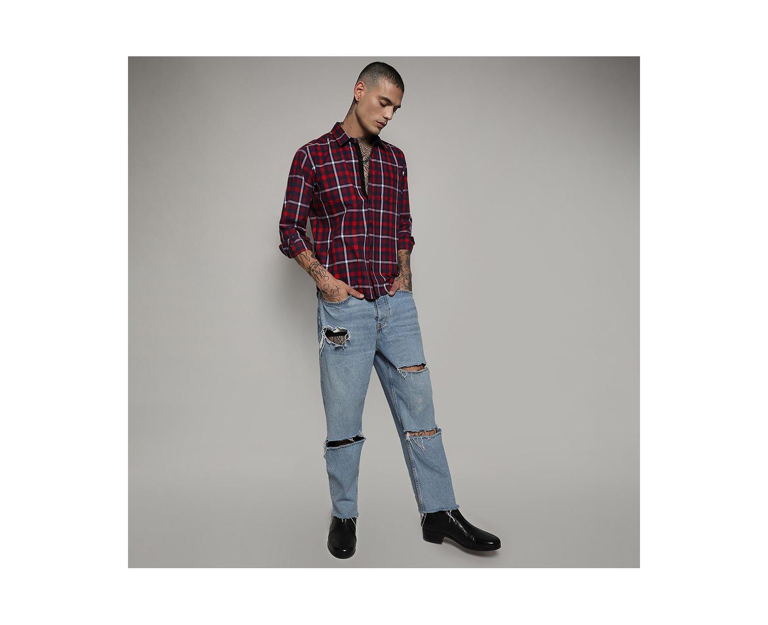 Men's Navy Blue & Red Tartan Plaid Shirt