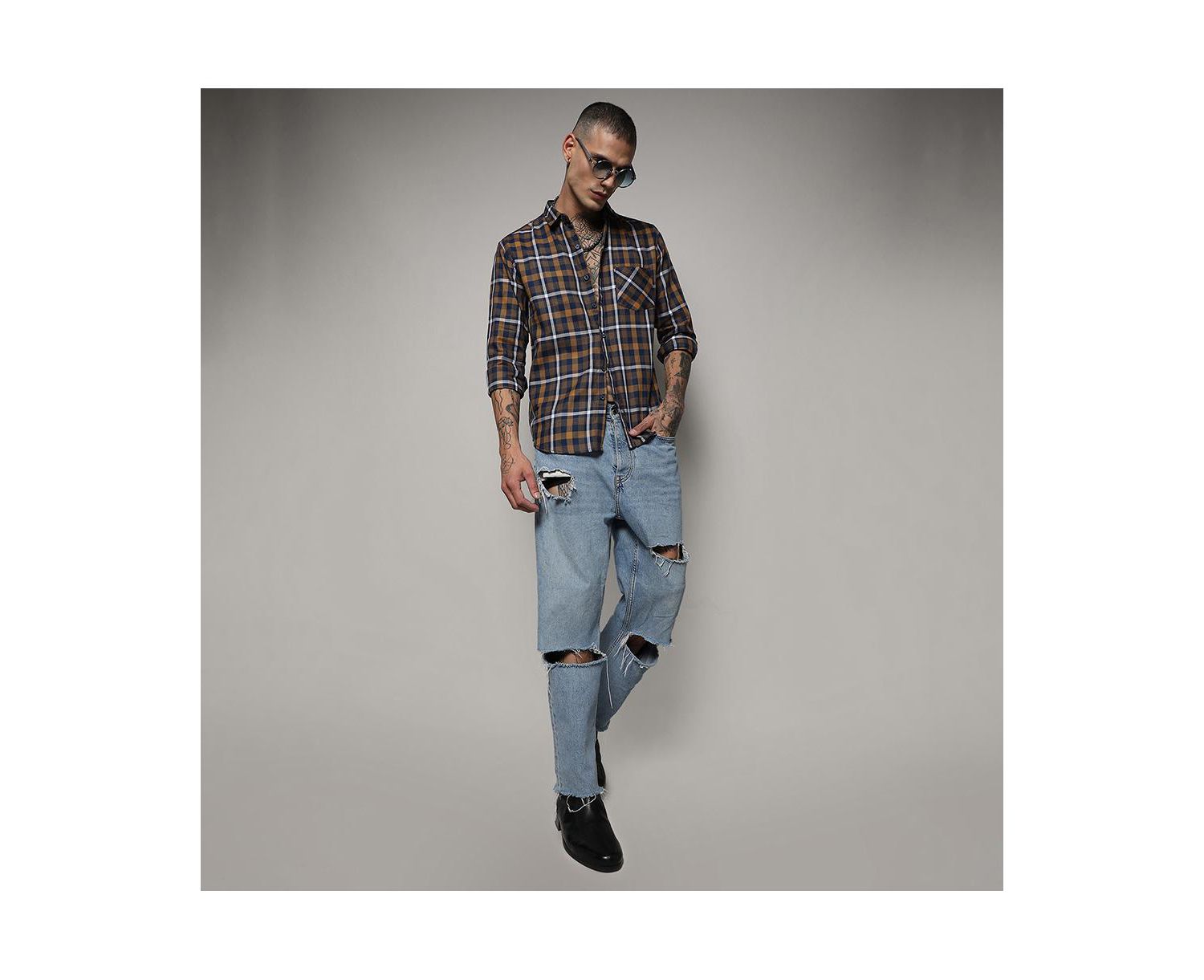 Men's Cobalt Blue & Mustard Yellow Tartan Plaid Shirt