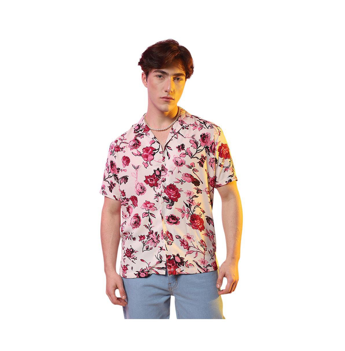 Campus Sutra Men's Vermillion Red & Ivory White Rose Shirt