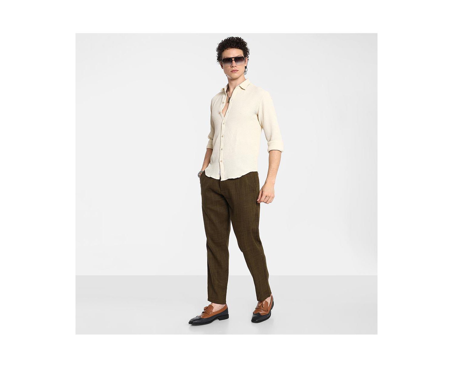 Men's Ivory White Weave-Textured Shirt
