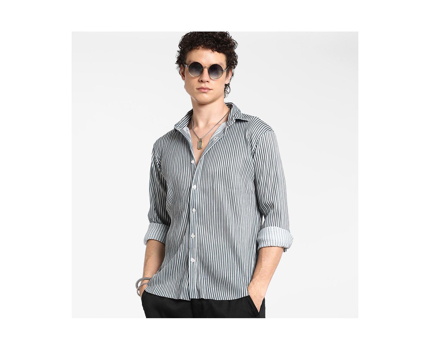 Men's Midnight Black and Powder White Pleat-Creased Shirt