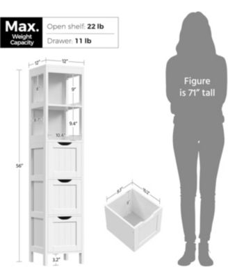 Bathroom Storage Cabinet, Slim 12" Depth, 3 Drawers & 2 Shelves, 56"H x 12"W, White