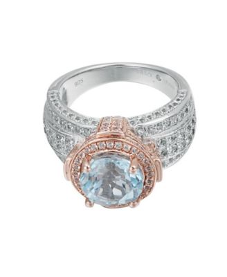 Suzy Levian Two-Tone Sterling Silver Round Cut Center Topaz Cocktail Milano Ring