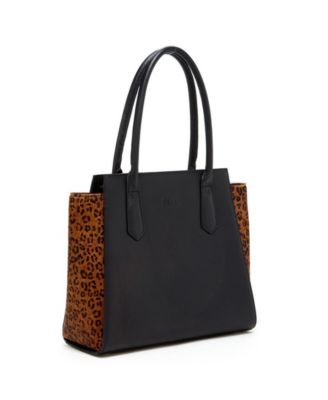 Black Leather Tote Bag with Leopard Print Sides Large Women's Shoulder Bag for Work, Travel, and Everyday Use