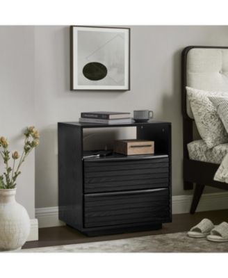 Nightstand with Charging Station & Outlet Hole & 2 Solid Wood Drawers