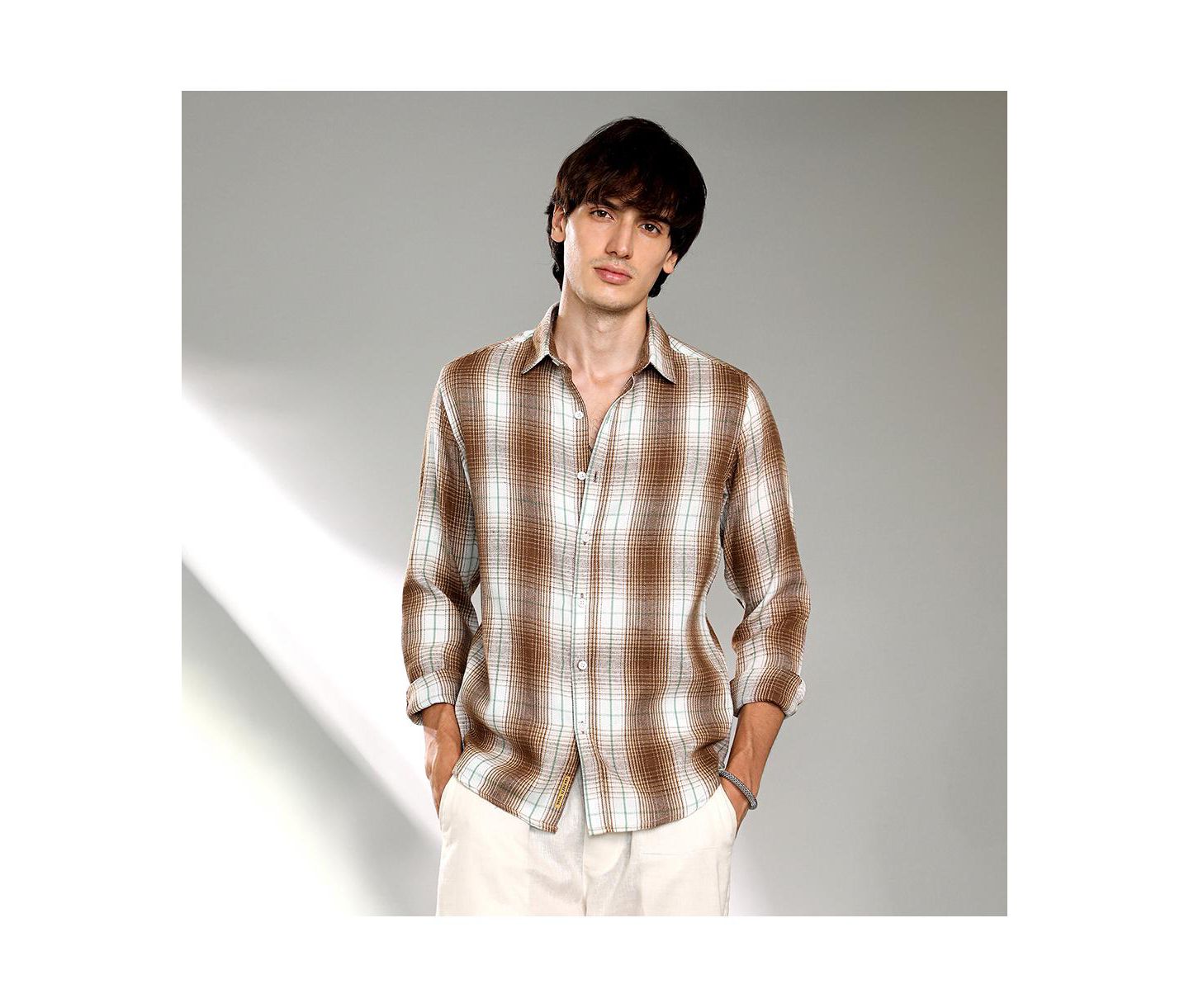 Мужская рубашка Cahoot Campus Sutra Chocolate Brown & Cream White Ombre Buffalo Check, цвет: Коричневый — фото 5