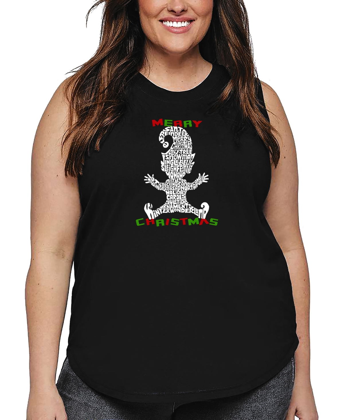 La Pop Art Plus Size Christmas Elf Word Art Tank Top In Black