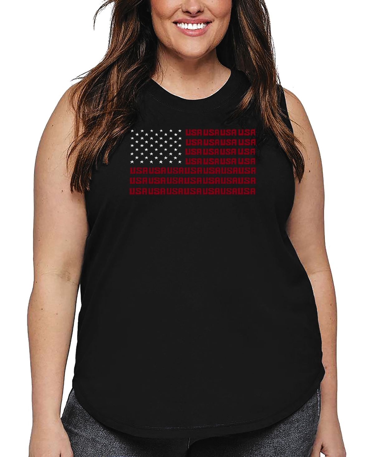 La Pop Art Plus Size Usa Flag Word Art Tank Top In Black