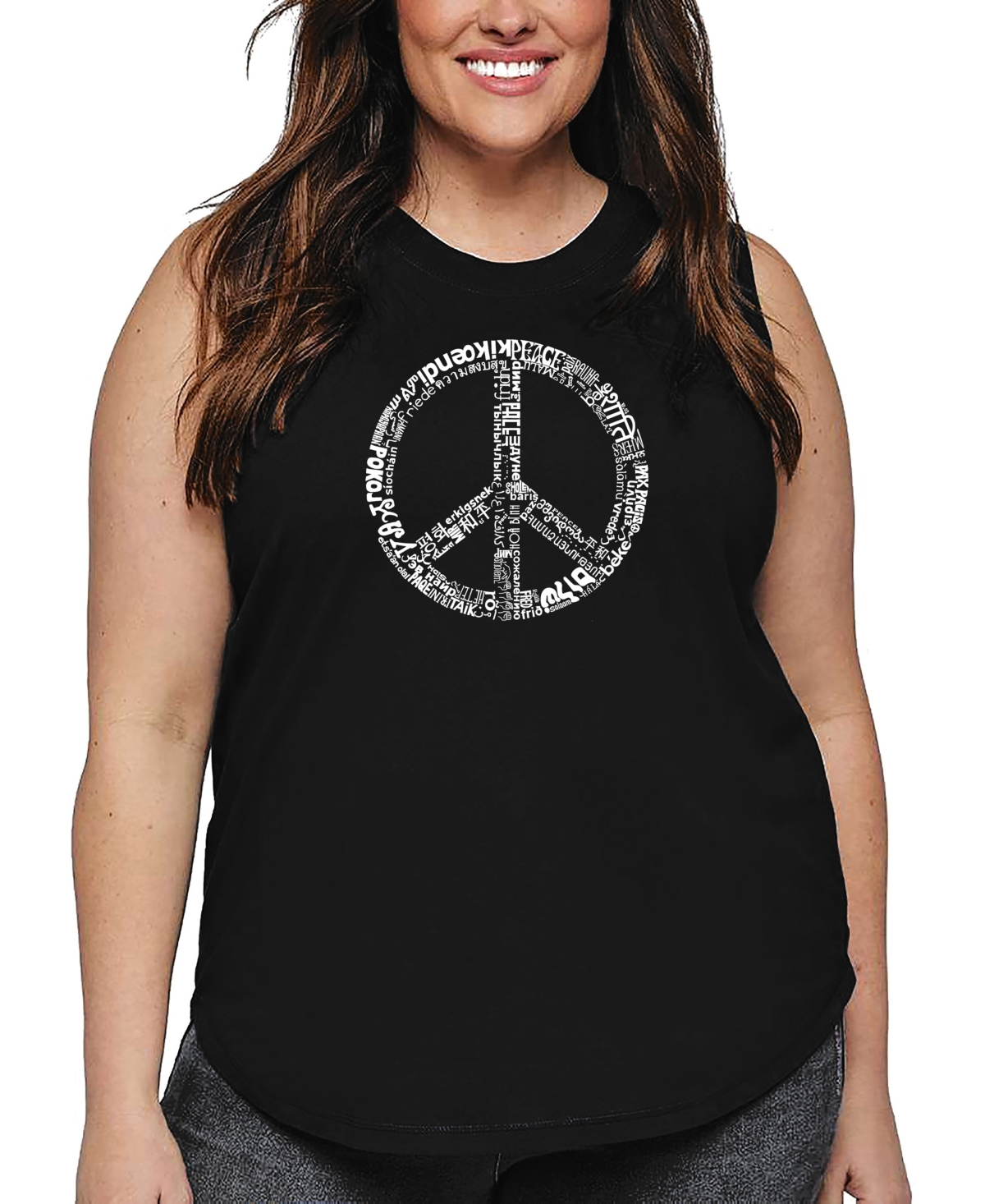 La Pop Art Plus Size Peace In 77 Languages Word Art Tank Top In Black