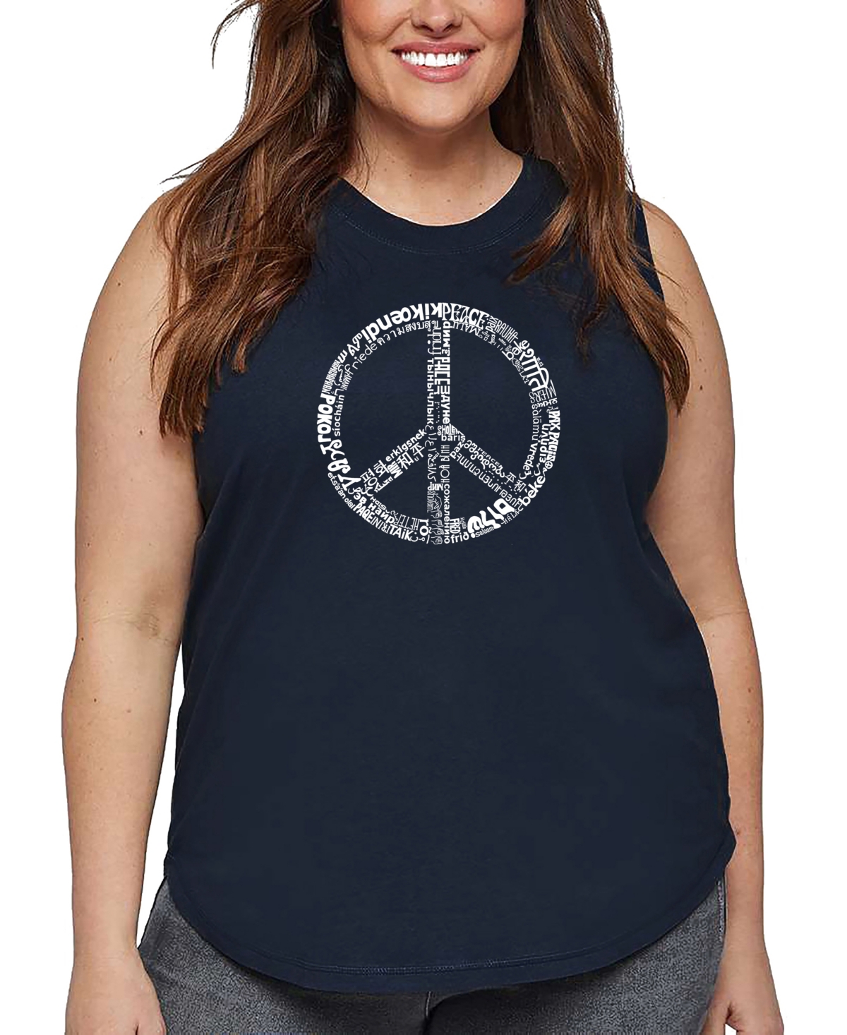 La Pop Art Plus Size Peace In 77 Languages Word Art Tank Top In Blue