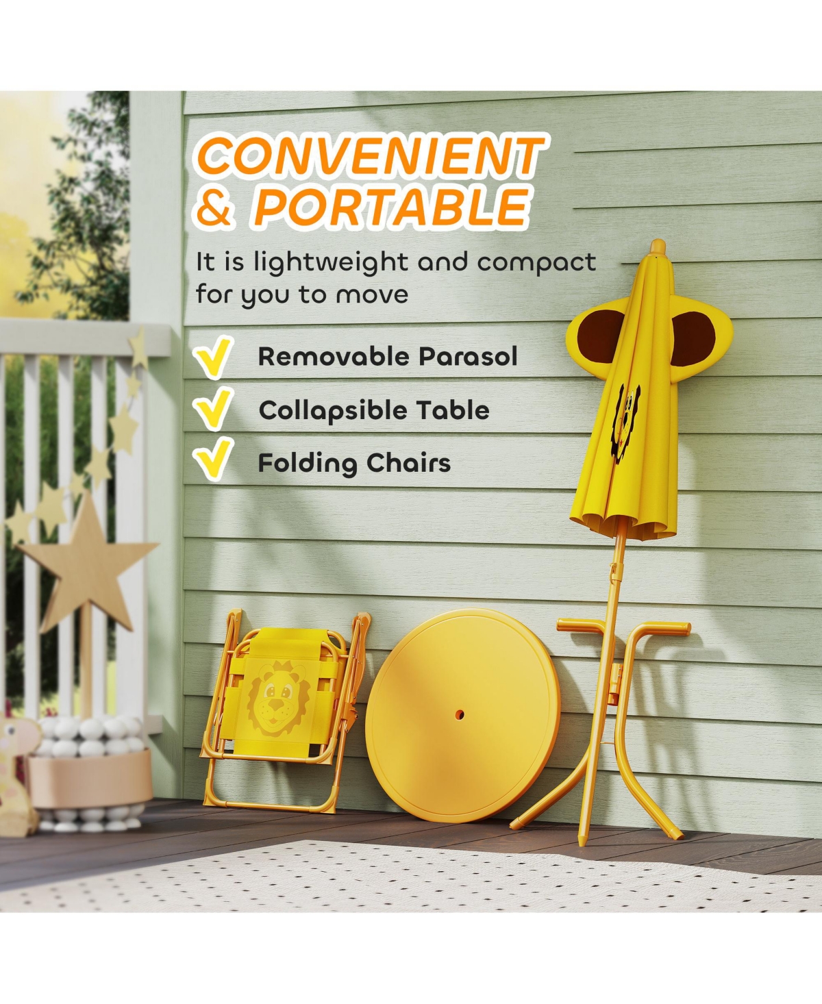 Qaba Kids Picnic Table and Chair Set with Height Adjustable Umbrella