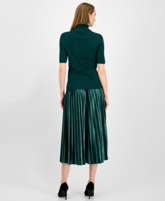 Anne Klein Womens Half Sleeve Turtleneck Sweater Pleated Flared Midi Skirt In Green