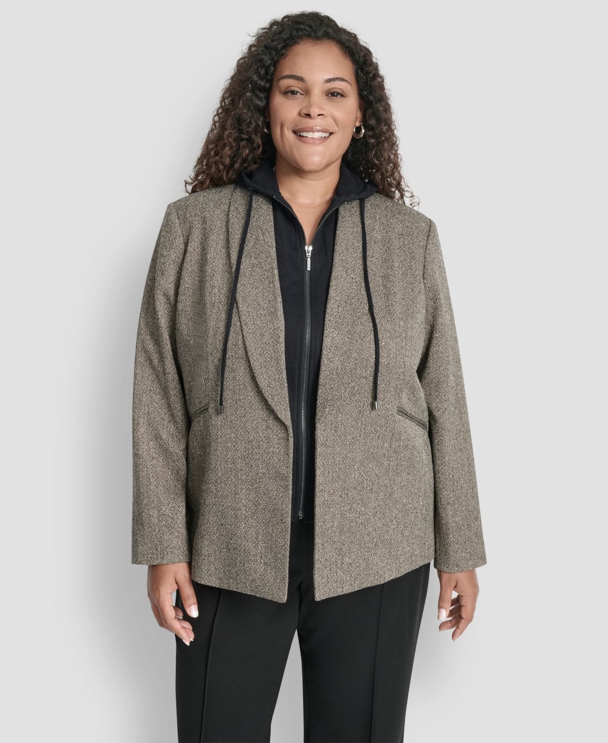 Dkny Plus Size Herringbone Blazer In Gray