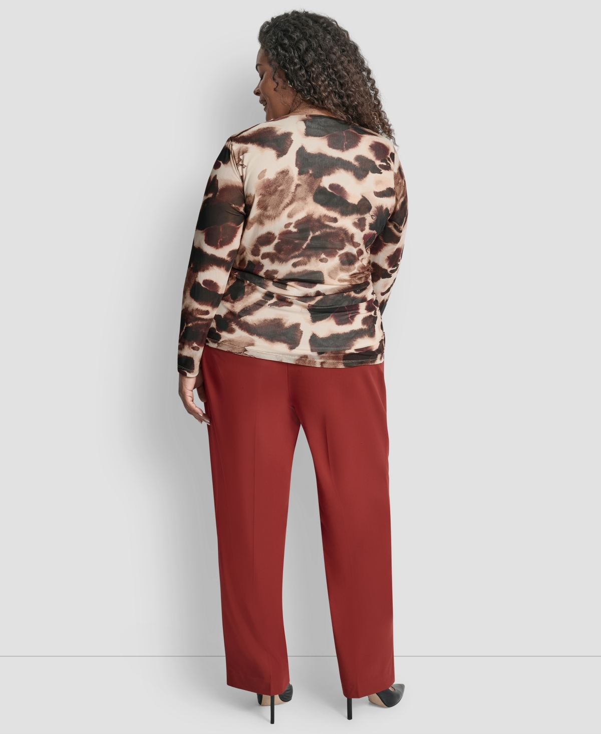 Dkny Plus Size Asymmetrical Neck Side Ruched Long Sleeve Top In Brown