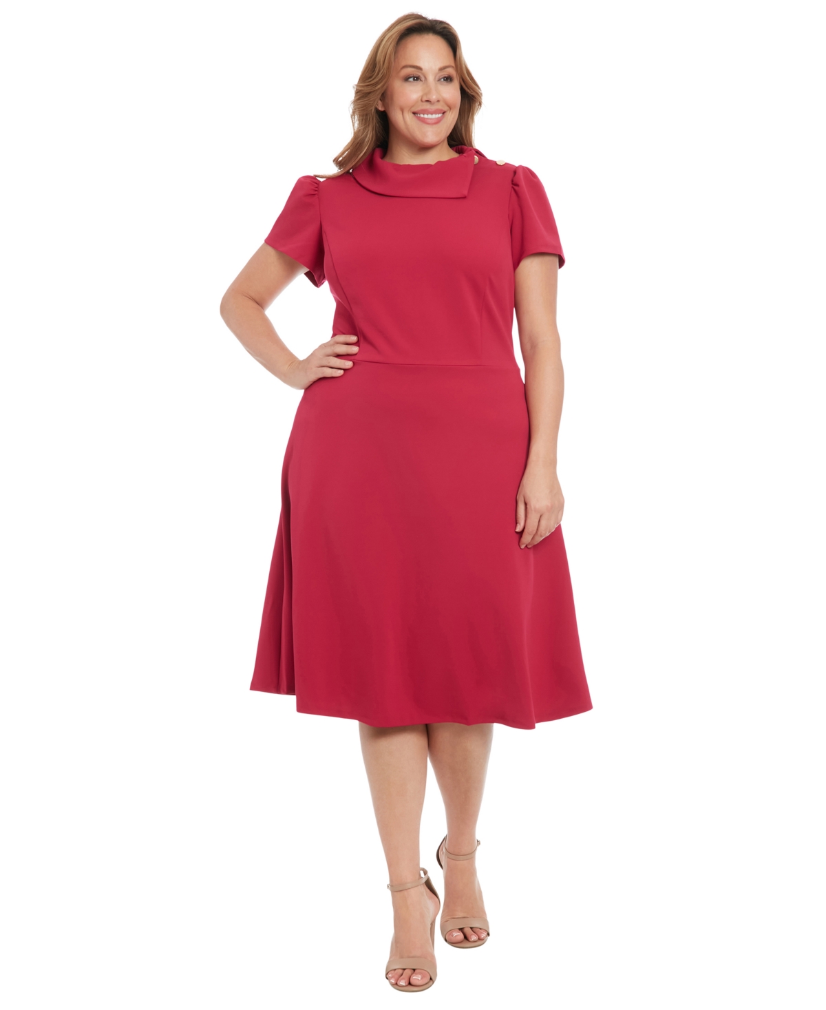 London Times Plus Size Foldover-neck Fit & Flare Dress In Red