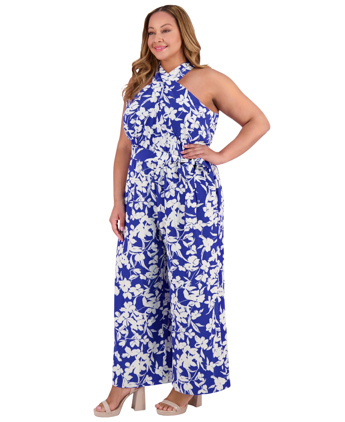 London Times Plus Crisscross Halter Belted Jumpsuit