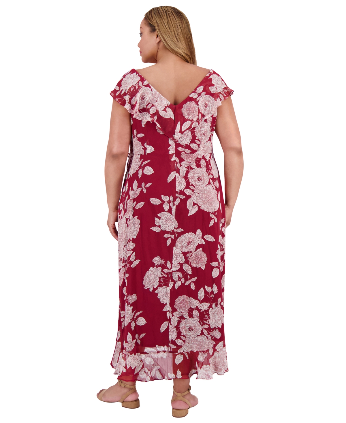 London Times Plus Size Ruffled Floral-print Faux-wrap Dress In Multi