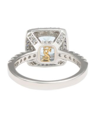 Suzy Levian Sterling Silver Cushion Cut Topaz and Sapphire Double Halo Ring