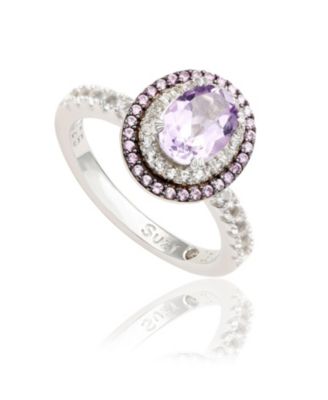 Suzy Levian Sterling Silver Oval Cut Topaz and Sapphire Double Halo Ring