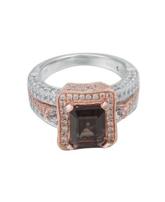Suzy Levian Two-Tone Sterling Silver Emerald Cut Center Topaz Cocktail Milano Ring