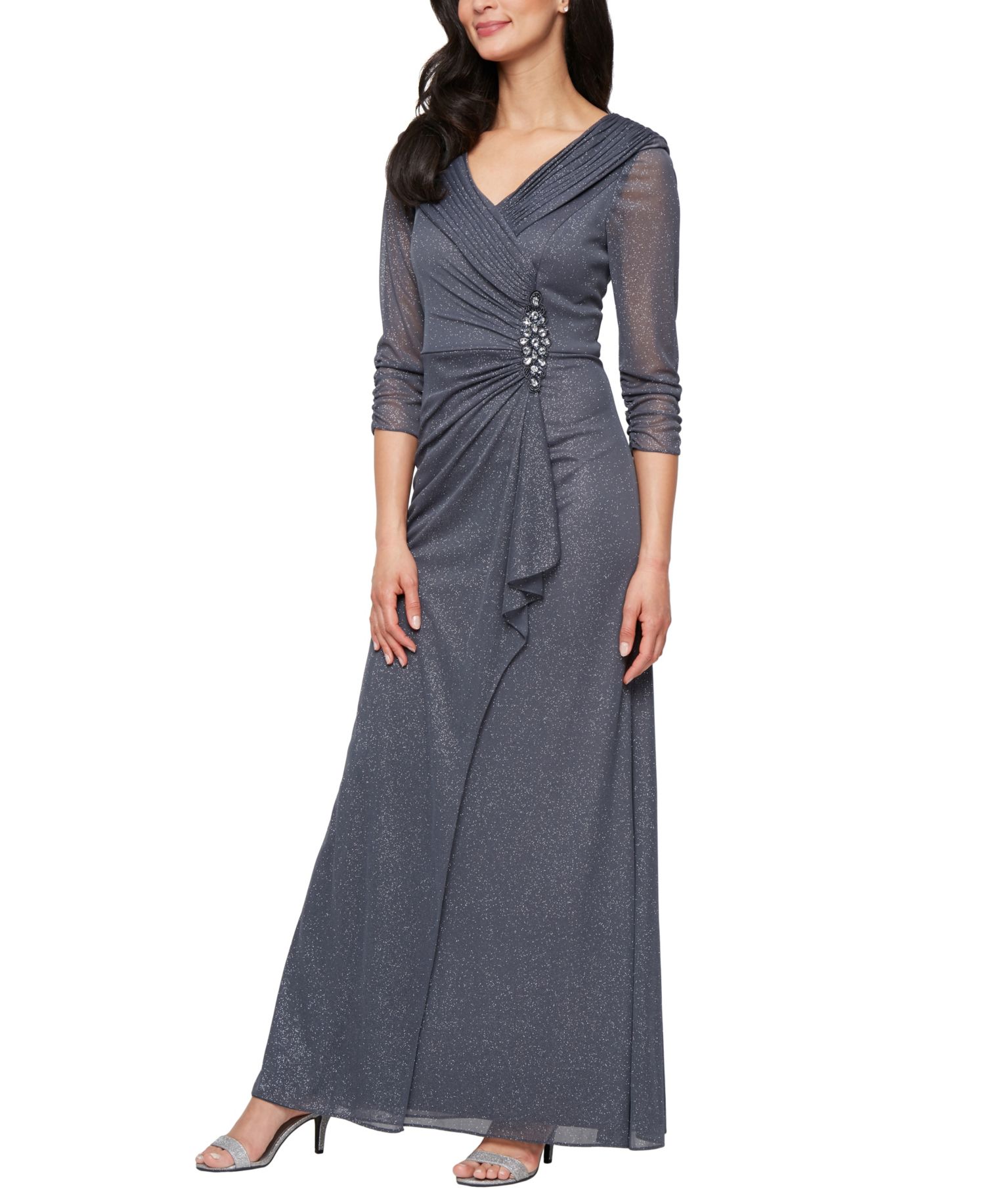 Petite Portrait Collar Embellished Mesh Dress