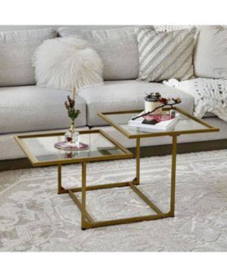 38" 2 Glass End Table, Living Room Table w/ Metal Frame,