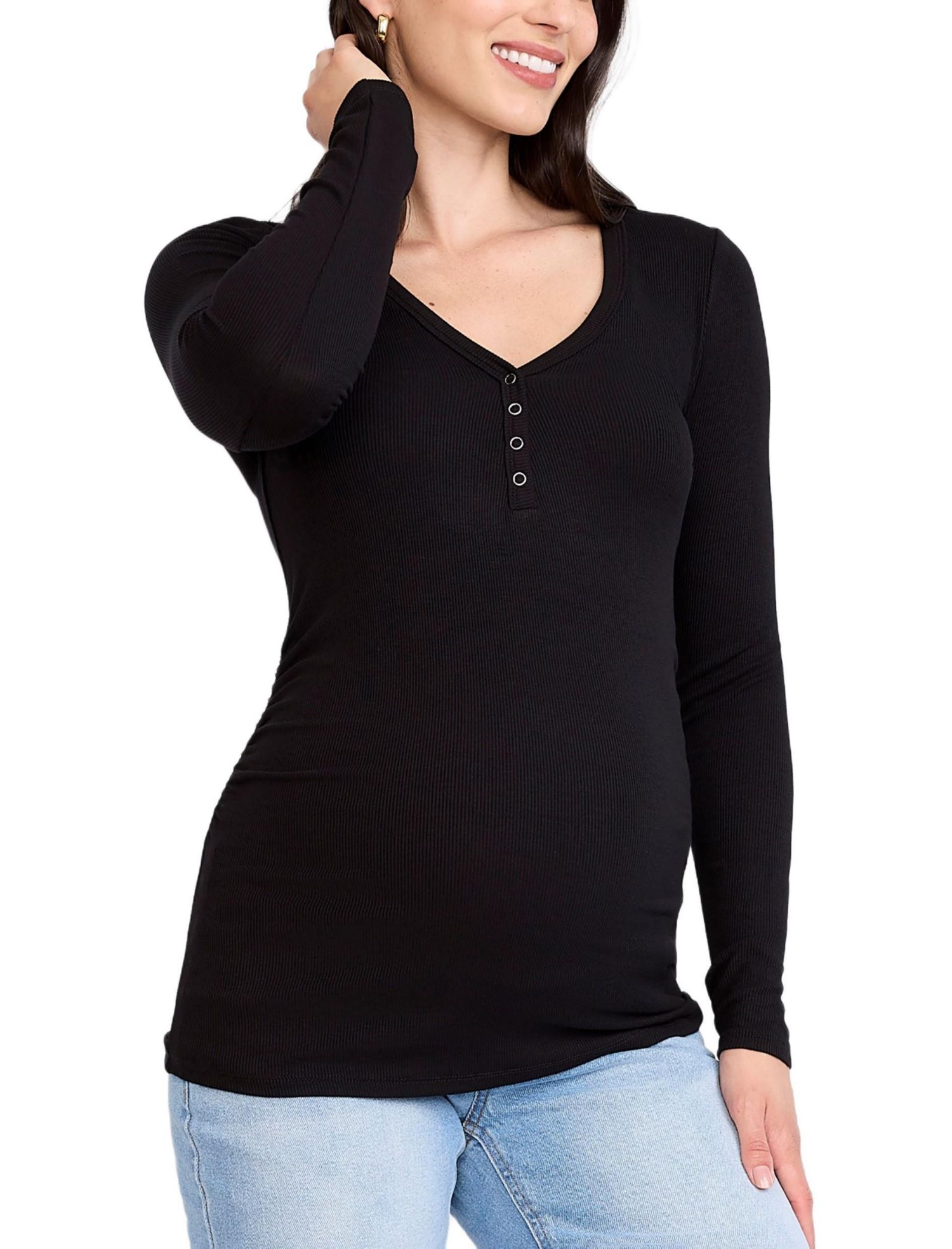 Women's V-Neck Side-Ruched Long Sleeve Henley Tee - Motherhood