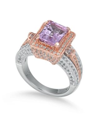 Suzy Levian Two-Tone Sterling Emerald Cut Center Topaz Cocktail Milano Ring