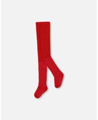 Girl Knit Tights Red with Tone-On-Tone Star Pattern - Toddler|Child