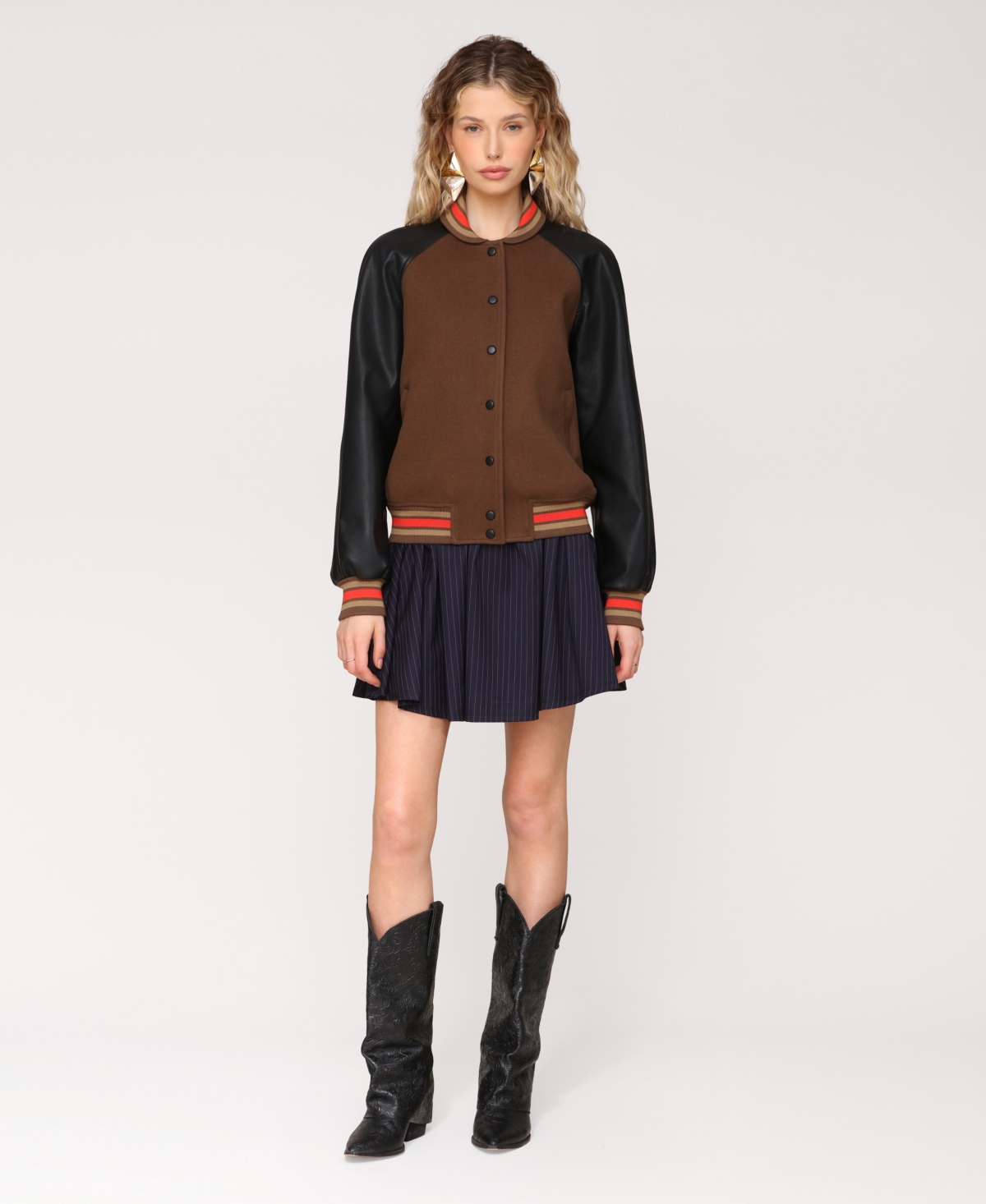 Avec Les Filles Women's Combo Sleeve And Roll Collar Varsity Bomber Jacket In Brown