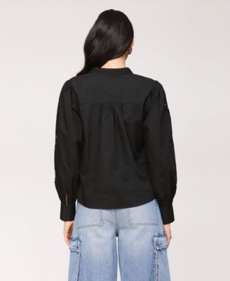 Women's Puff Sleeve Cropped Lace Scallop Button Up Blouse