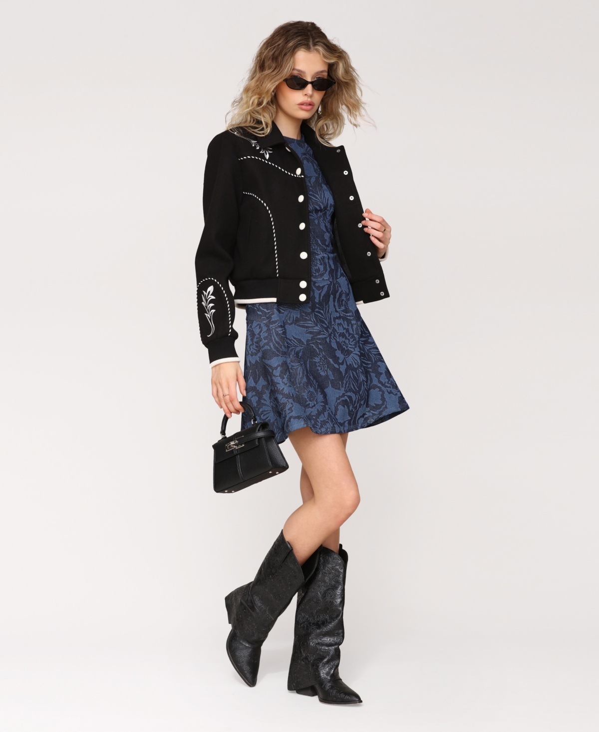 Avec Les Filles Embroidered Faux Suede Western Bomber Jacket In Black