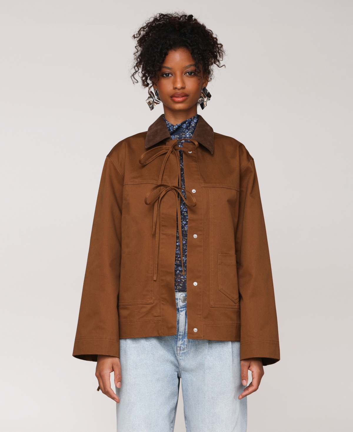 Women's Oversized Chore Big Patch Pockets and Bows Jacket - Golden Brown