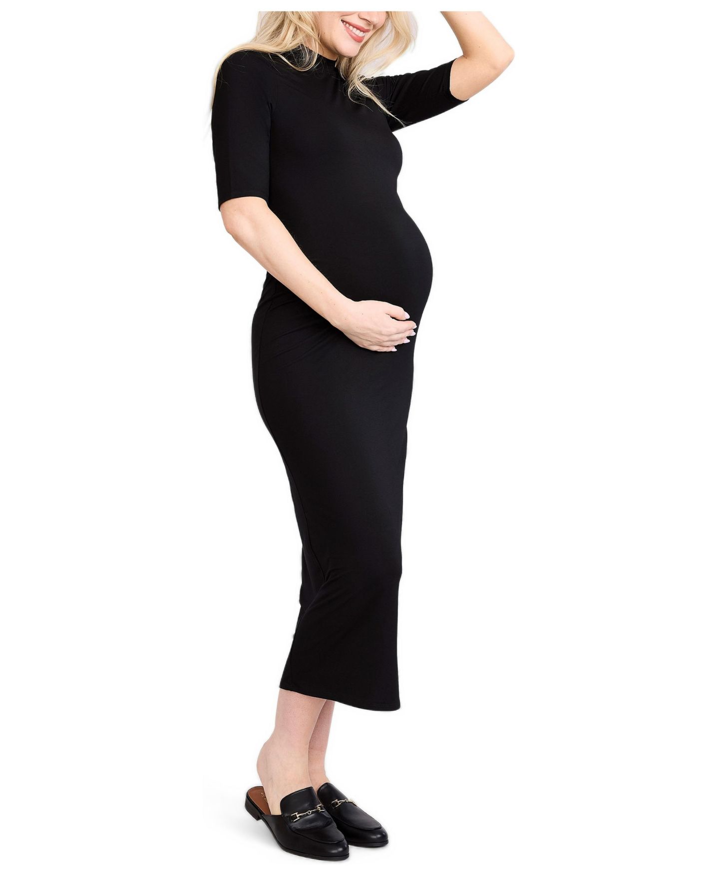 Женское платье Motherhood Maternity Mock Neck 3/4 Sleeve Ribbed Maxi Dress - Motherhood, цвет: Чёрный — фото 3