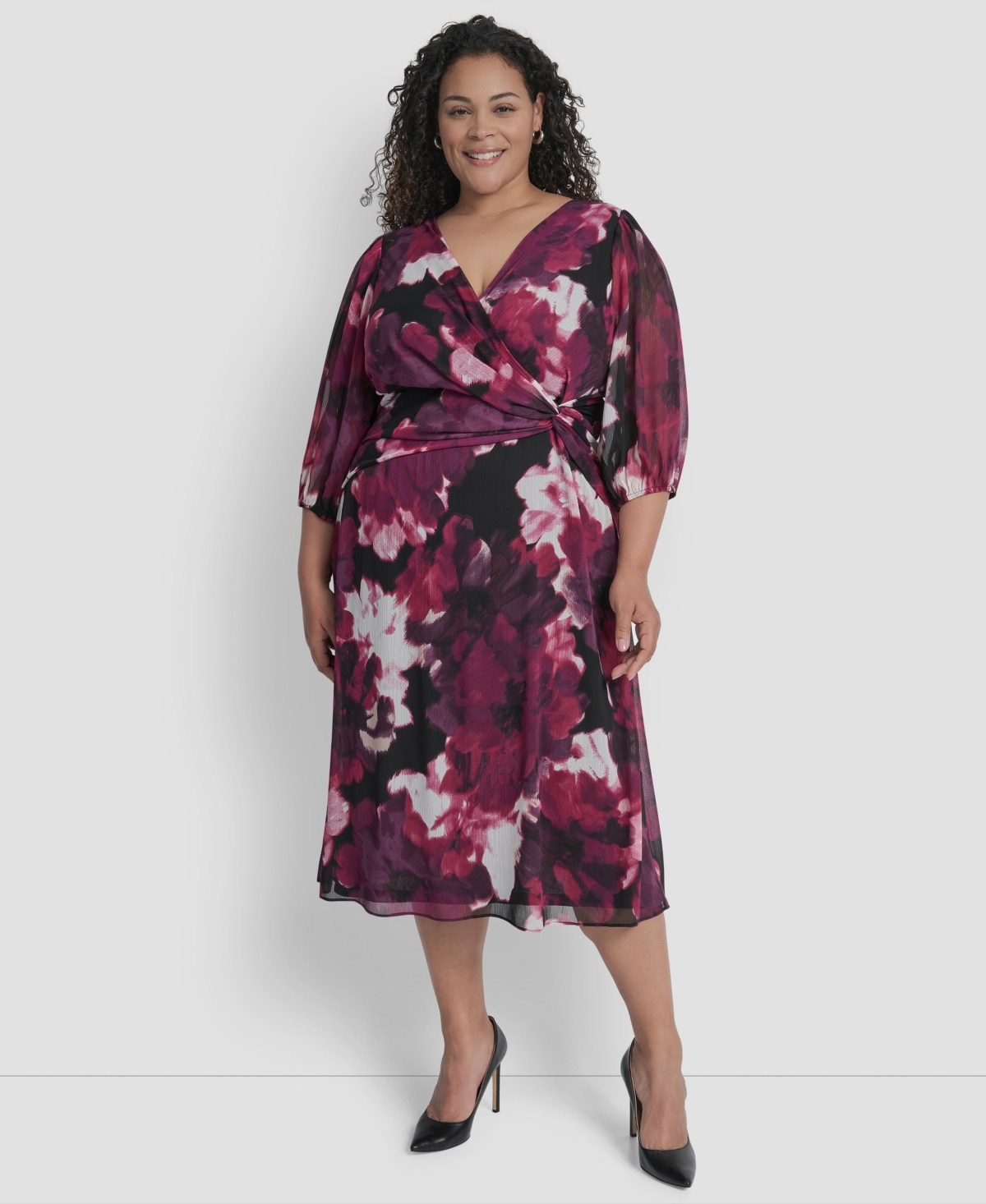 Dkny Plus Size Bubble Sleeve Surplice Neck Front Knot Midi Dress In Purple