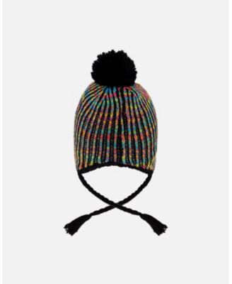 Girl Lined Peruvian Knit Pompom Hat Black and Multicolor - Toddler|Child