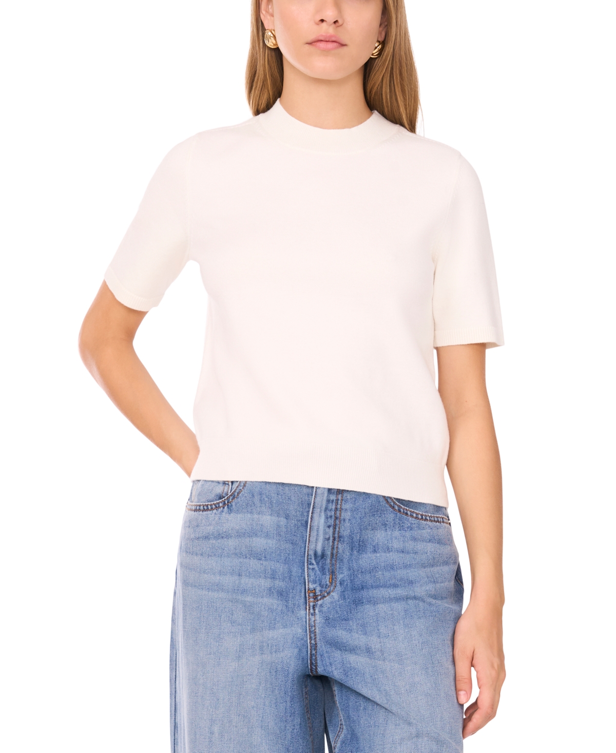 1.state Saddle Short Sleeve Crewneck Sweater In White