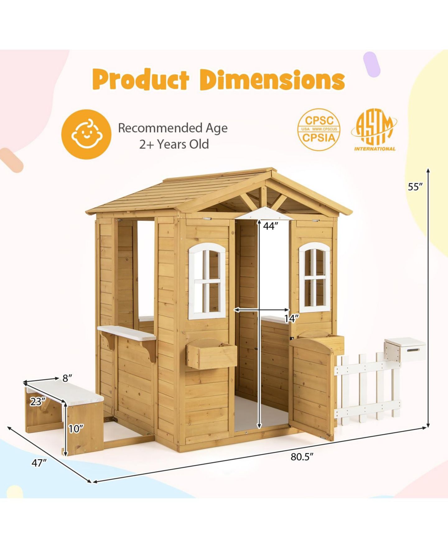 Детская игрушка Mecale Fir Wood Playhouse with Bench and Serving Stations, 80.5"L x 47"W x 55"H, Ages 2+ — фото 4