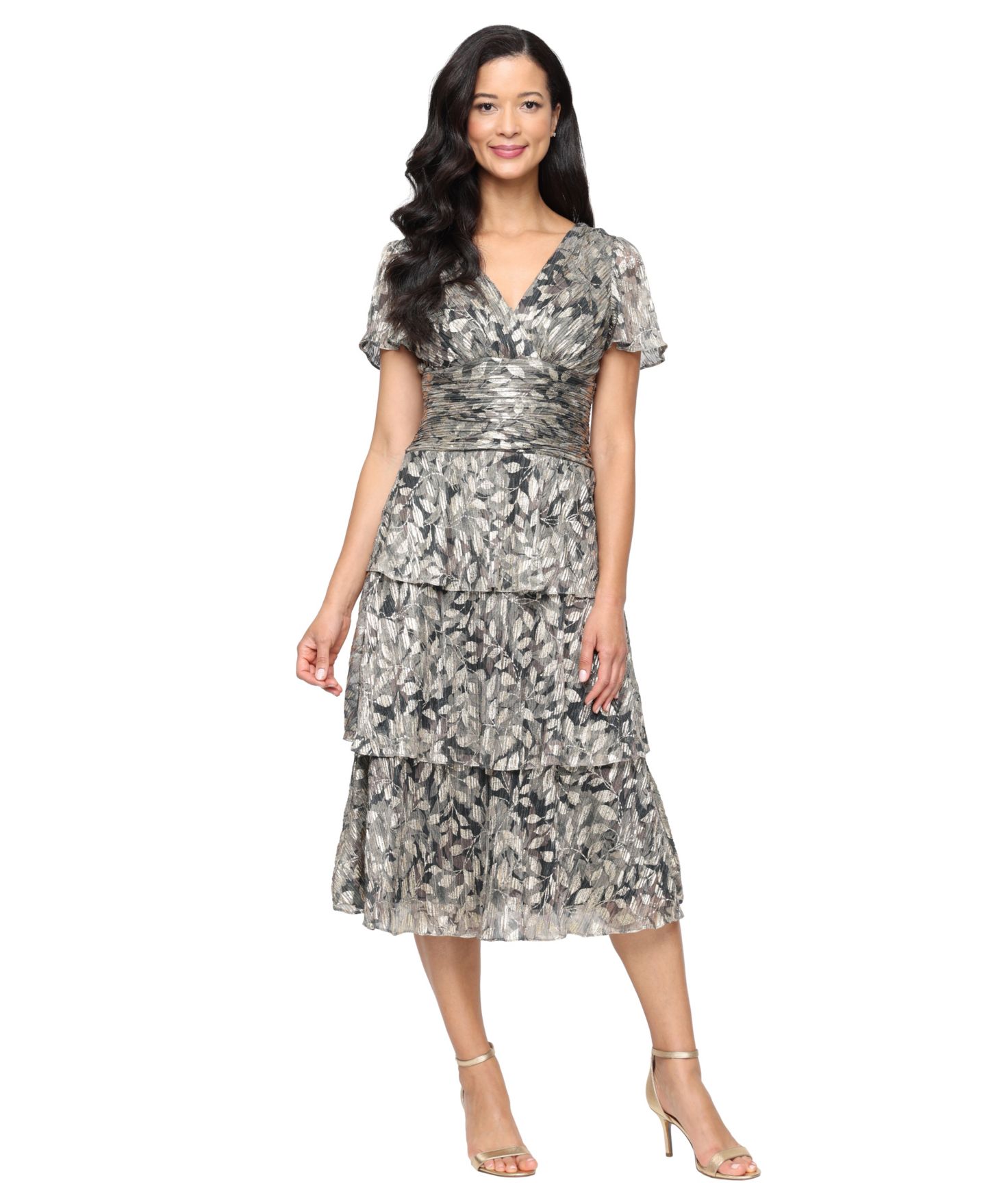 Женское платье SL Fashions Tea Length Printed Lurex Midi, цвет: Чёрный / Золотой — фото 1
