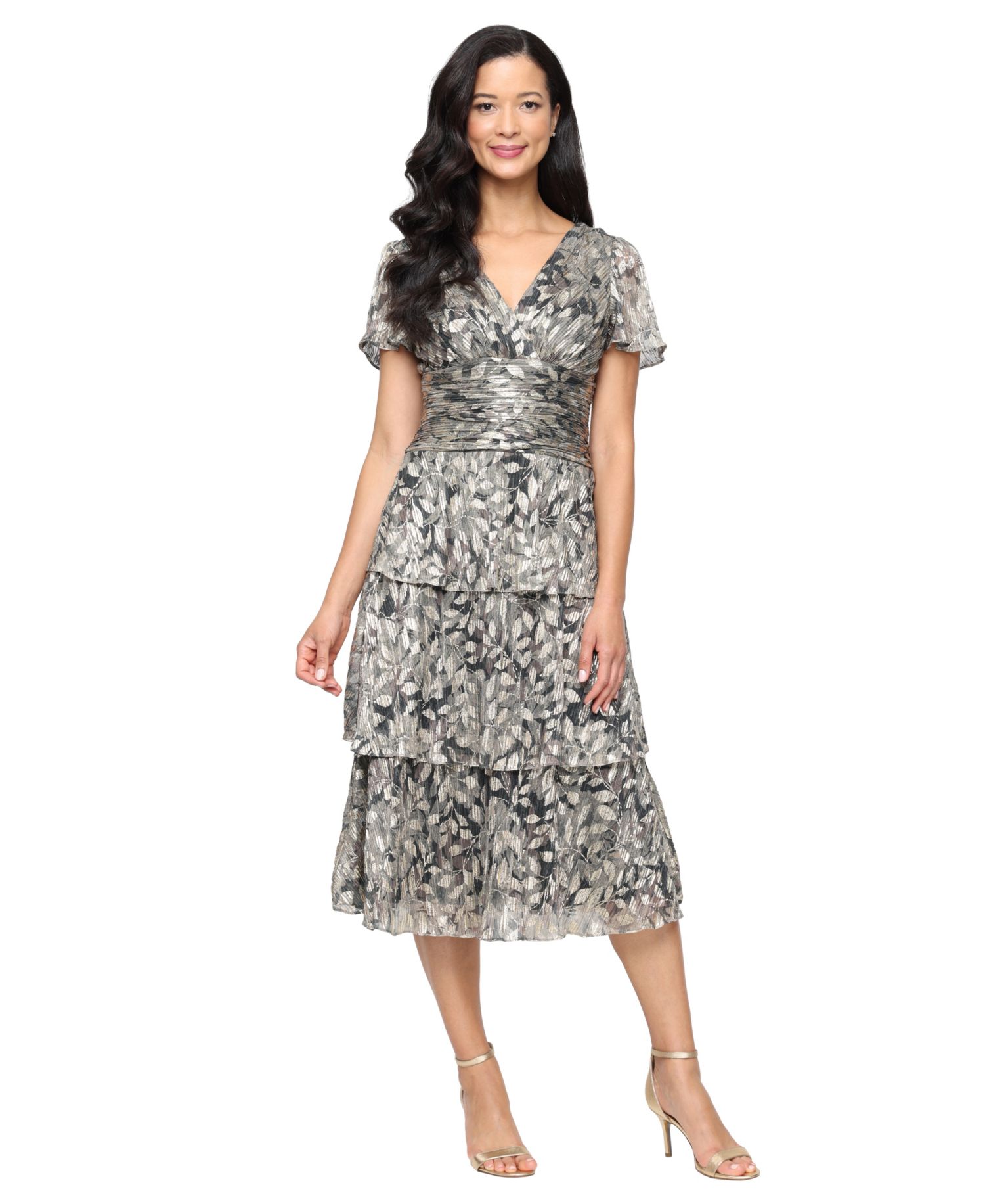 Women's Tea Length Printed Lurex Midi Dress