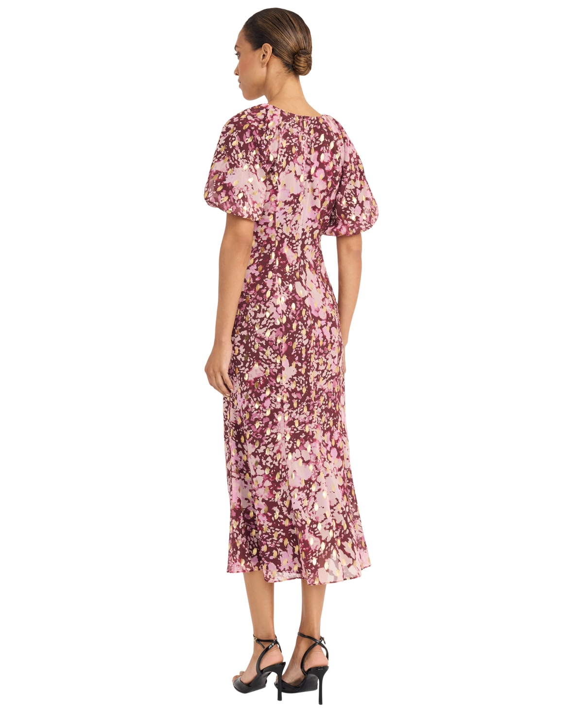 Maggy London Puff Sleeve Chiffon Midi Dress In Multi